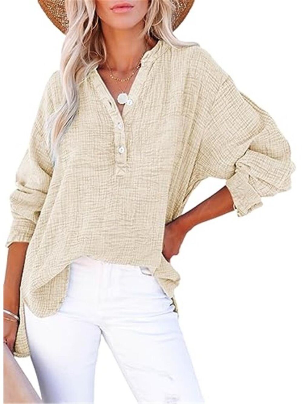Cotton Button Down Shirt Womens V Neck Long Sleeve Oversized Casual Blouse